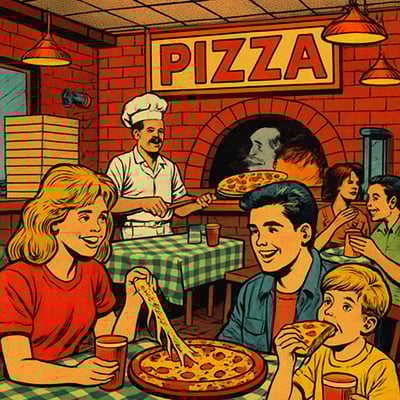 comicbook Pizza restaurant from the 1980s-1