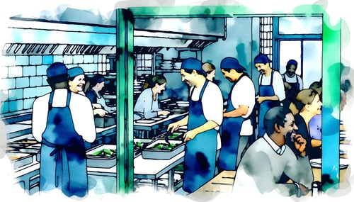 calm, graceful flow of orders coming into a restaurant kitchen, happy workers, customers, guests